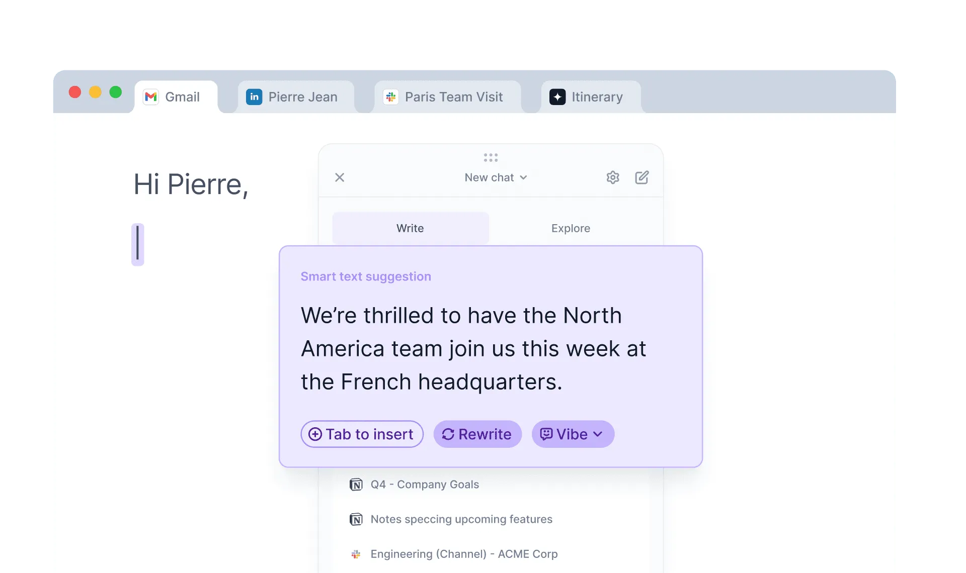 Ventrilo writing assistant drafting a message in context